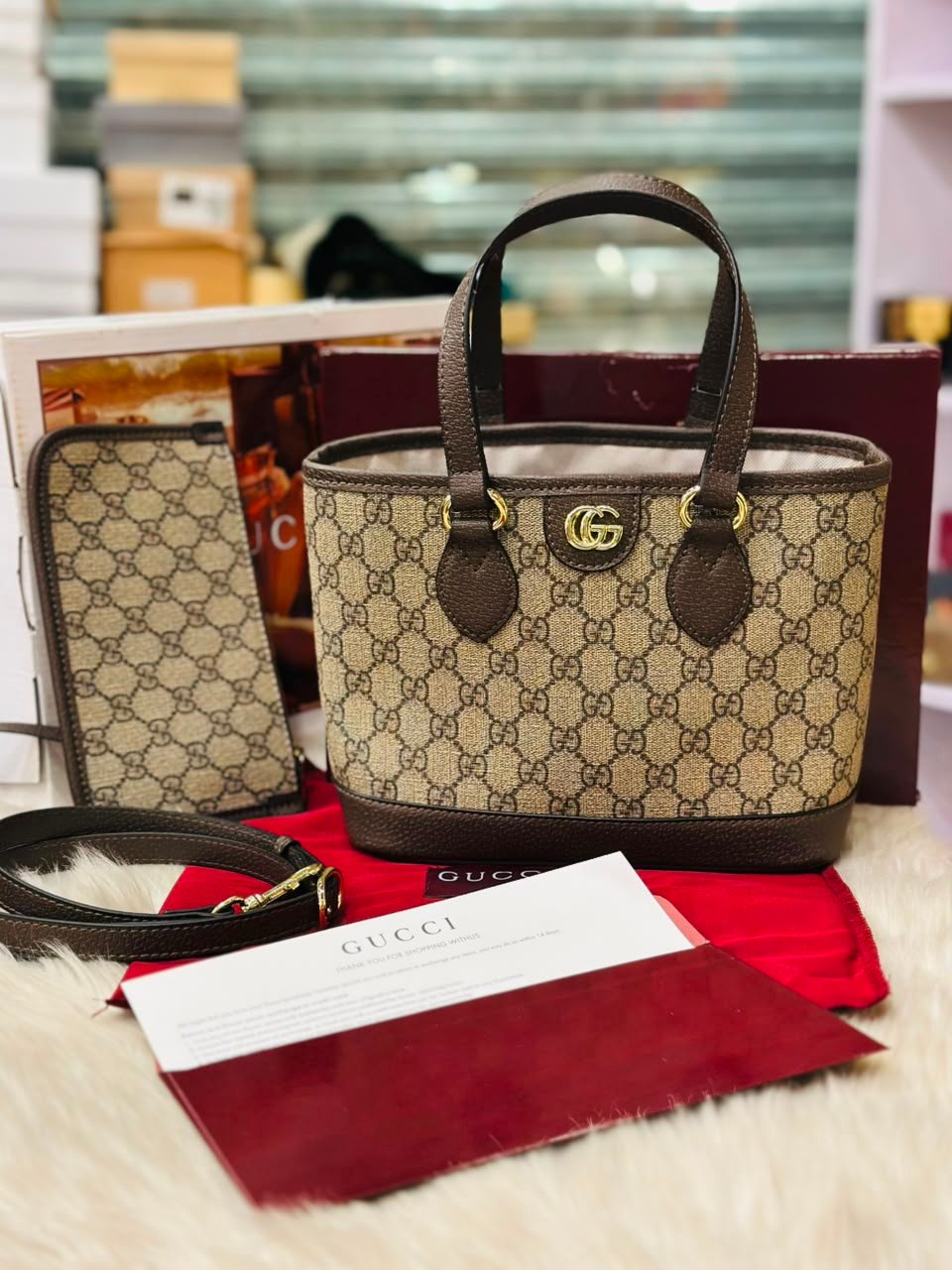 Gucci GG Supreme Ophidia Small Tote Bag in Brown