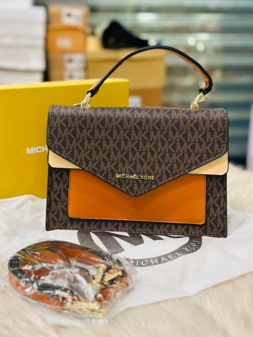 Michael Kors Ludlow Signature Satchel in Brown and Orange