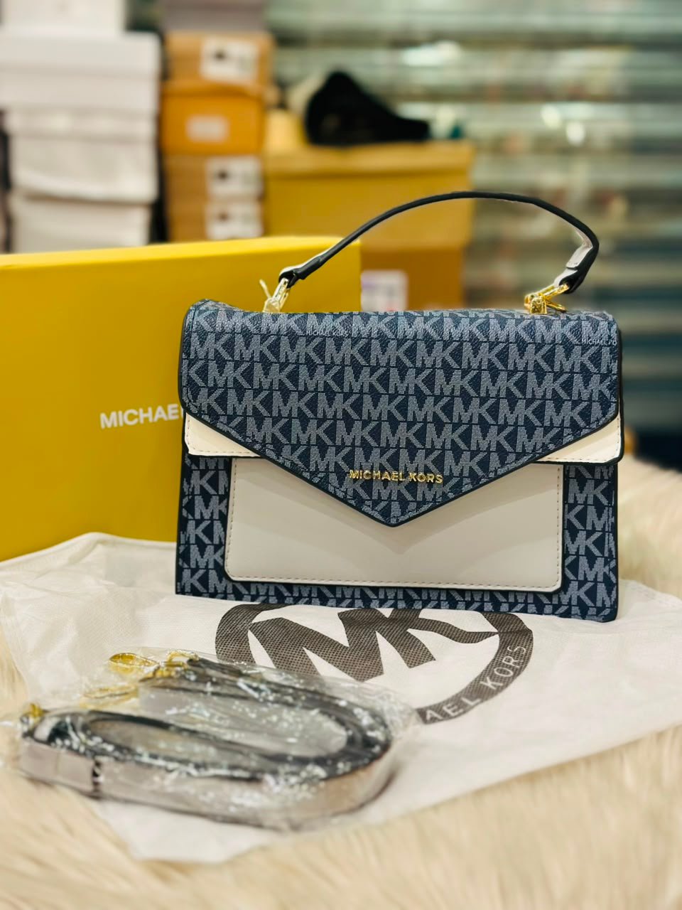 Michael Kors Ludlow Signature Satchel in Blue and Grey