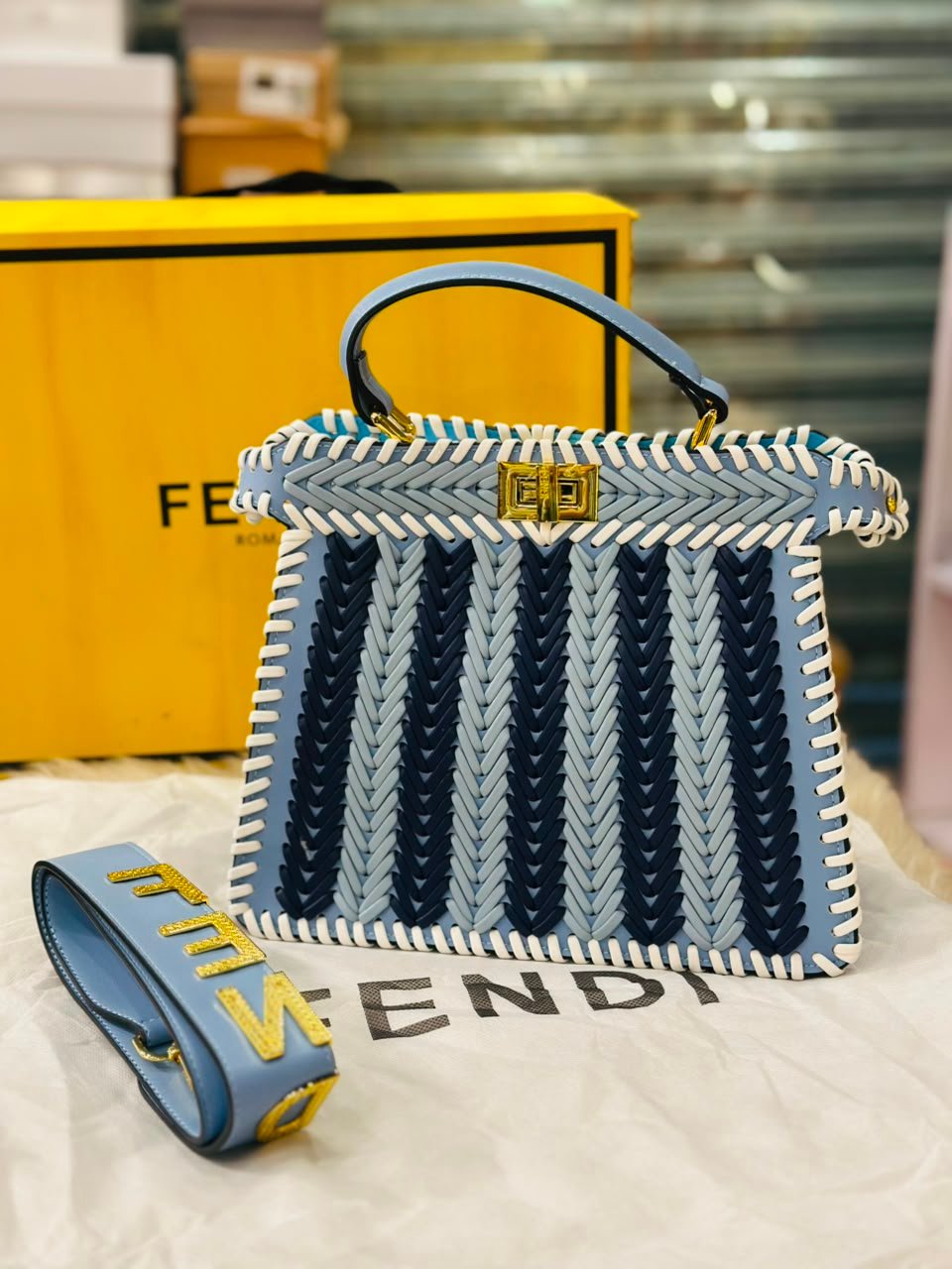 Fendi Peekaboo Bag Blue and Dark Blue Woven Design