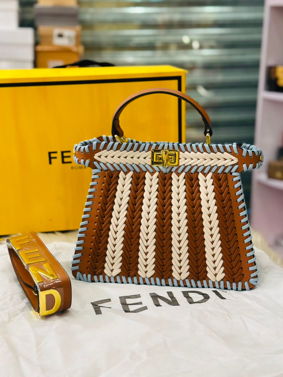 Fendi Peekaboo Bag Beige and Light Blue Woven Design